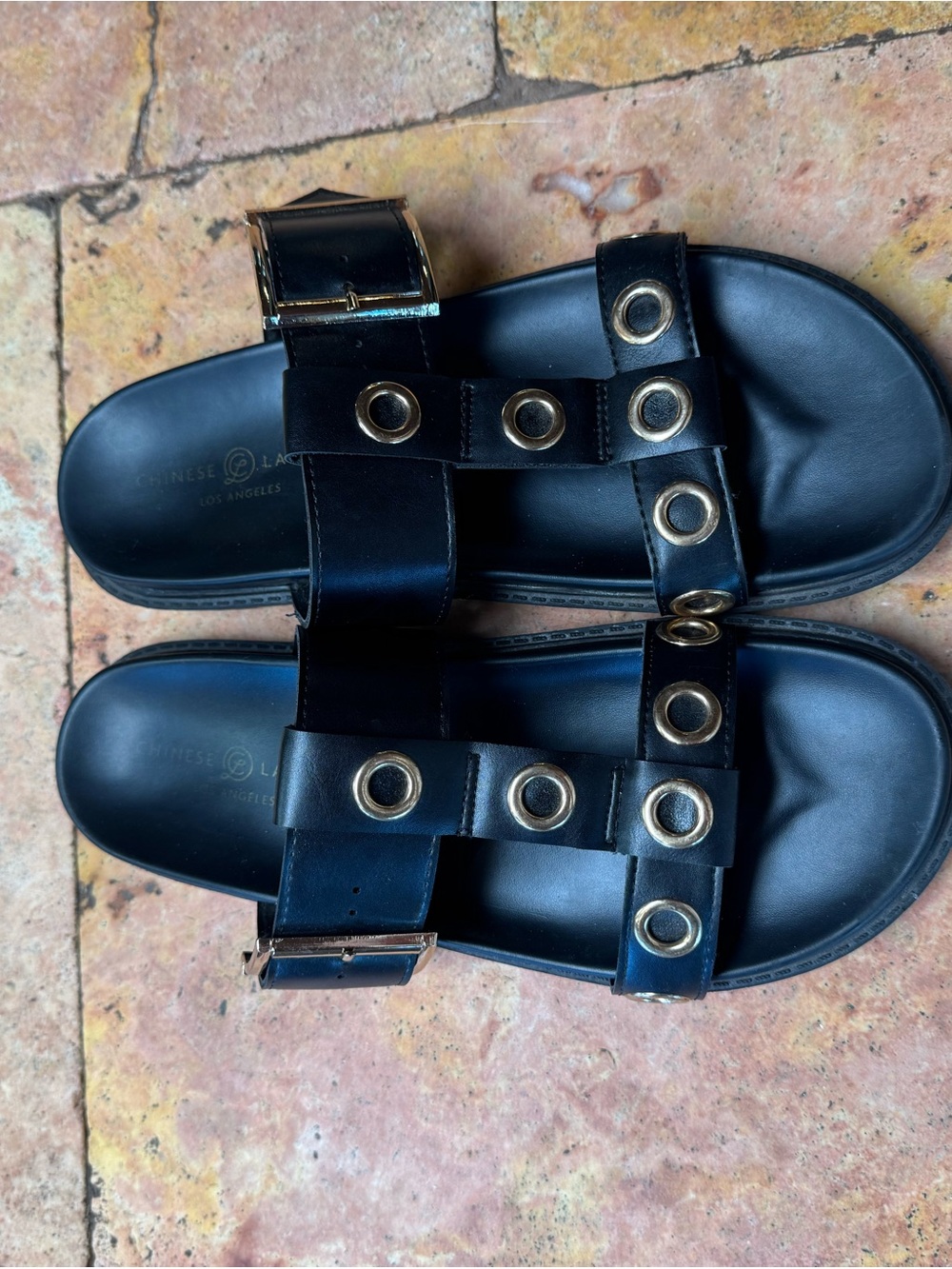 Chinese Laundry Girls Black Slide Sandals with Gold Grommets